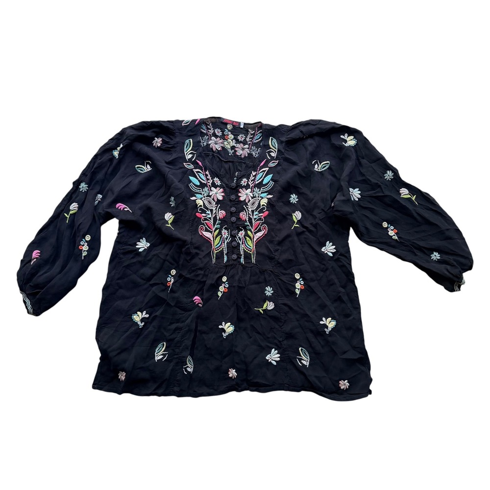 Johnny Was Womens Embroidered Peasant Blouse Boho Floral Black Rayon Large Top